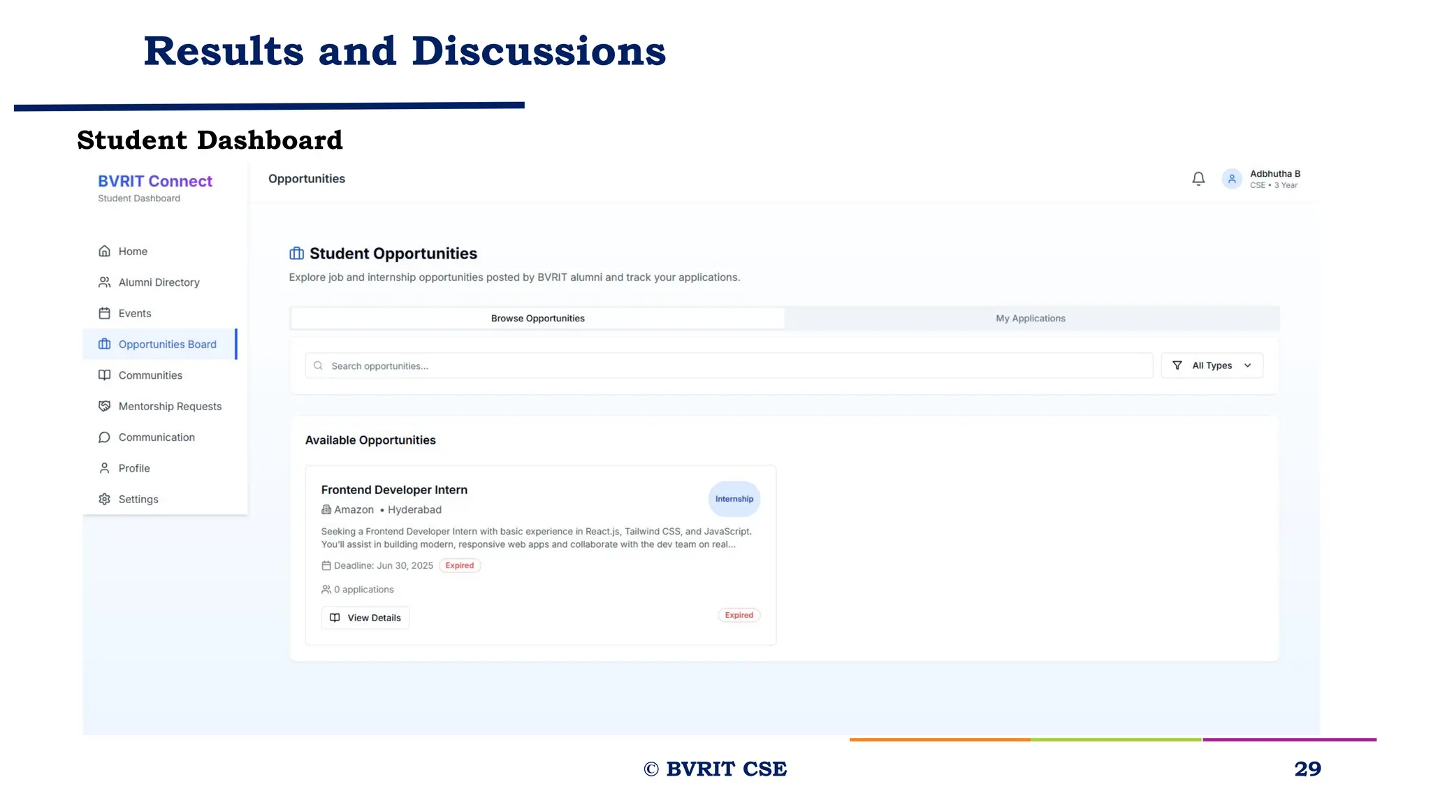 Results and Discussions
29
© BVRIT CSE
Student Dashboard
 