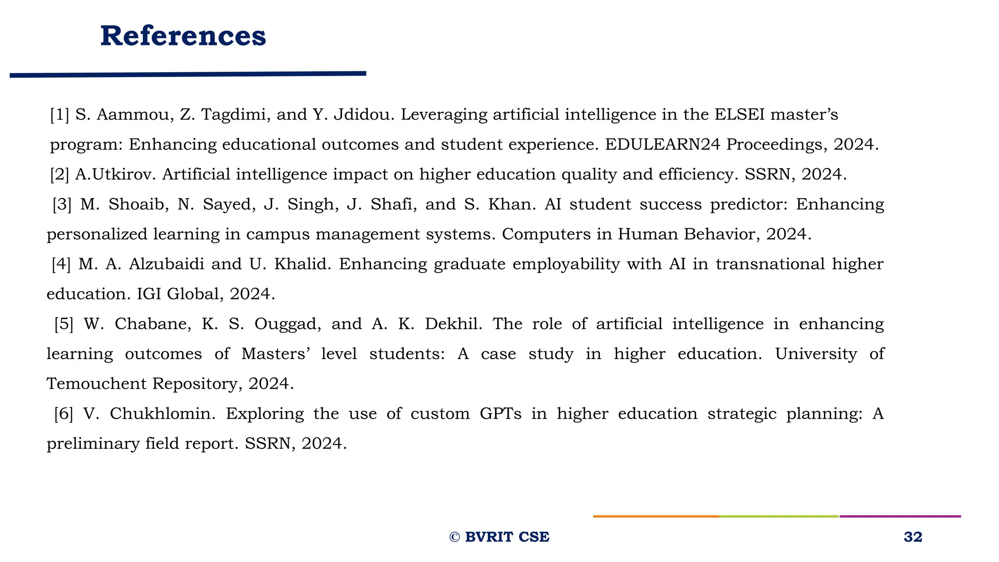 References
[1] S. Aammou, Z. Tagdimi, and Y. Jdidou. Leveraging artificial intelligence in the ELSEI master’s
program: Enhancing educational outcomes and student experience. EDULEARN24 Proceedings, 2024.
[2] A.Utkirov. Artificial intelligence impact on higher education quality and efficiency. SSRN, 2024.
[3] M. Shoaib, N. Sayed, J. Singh, J. Shafi, and S. Khan. AI student success predictor: Enhancing
personalized learning in campus management systems. Computers in Human Behavior, 2024.
[4] M. A. Alzubaidi and U. Khalid. Enhancing graduate employability with AI in transnational higher
education. IGI Global, 2024.
[5] W. Chabane, K. S. Ouggad, and A. K. Dekhil. The role of artificial intelligence in enhancing
learning outcomes of Masters’ level students: A case study in higher education. University of
Temouchent Repository, 2024.
[6] V. Chukhlomin. Exploring the use of custom GPTs in higher education strategic planning: A
preliminary field report. SSRN, 2024.
© BVRIT CSE 32
 