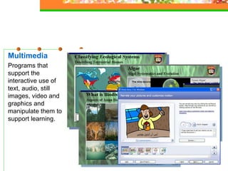 Multimedia Programs that support the interactive use of text, audio, still images, video and graphics and manipulate them to support learning. 
