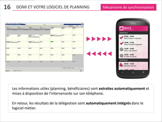 16     DOMI ET VOTRE LOGICIEL DE PLANNING                   Mécanisme de synchronisation




     Les informations utiles (planning, bénéficiaires) sont extraites automatiquement et
     mises à disposition de l’intervenante sur son téléphone.

     En retour, les résultats de la télégestion sont automatiquement intégrés dans le
     logiciel métier.
 