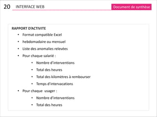 20     INTERFACE WEB                                  Document de synthèse




     RAPPORT D’ACTIVITE
        • Format compatible Excel
        • hebdomadaire ou mensuel
        • Liste des anomalies relevées
        • Pour chaque salarié :
                • Nombre d’interventions
                • Total des heures
                • Total des kilomètres à rembourser
                • Temps d’intervacations
        • Pour chaque usager :
                • Nombre d’interventions
                • Total des heures
 