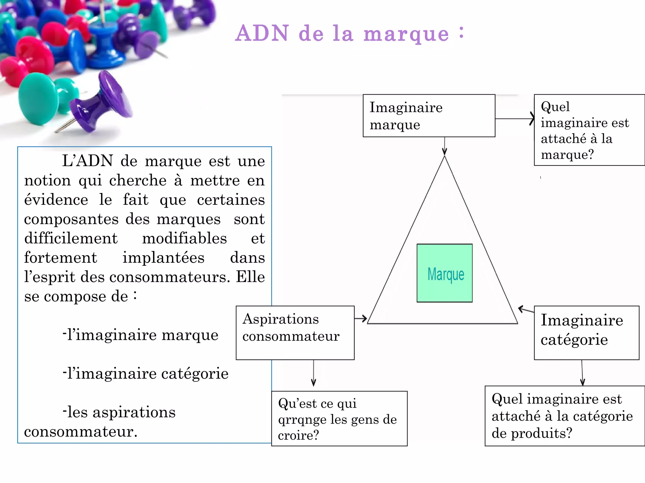 ADN de la marque :
Imaginaire
marque

L’ADN de marque est une
notion qui cherche à mettre en
évidence le fait que certaines
composantes des marques sont
difficilement modifiables et
fortement
implantées
dans
l’esprit des consommateurs. Elle
se compose de :
-l’imaginaire marque

Aspirations
consommateur

Quel
imaginaire est
attaché à la
marque?

Imaginaire
catégorie

-l’imaginaire catégorie
-les aspirations
consommateur.

Qu’est ce qui
qrrqnge les gens de
croire?

Quel imaginaire est
attaché à la catégorie
de produits?

 