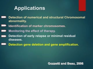Applications
Detection of numerical and structural Chromosomal
abnormality.
Identification of marker chromosomes.
Monitoring the effect of therapy.
Detection of early relapse or minimal residual
diseases.
Detection gene deletion and gene amplification.
 