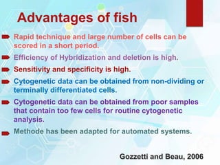 Advantages of fish
Rapid technique and large number of cells can be
scored in a short period.
Efficiency of Hybridization and deletion is high.
Sensitivity and specificity is high.
Cytogenetic data can be obtained from non-dividing or
terminally differentiated cells.
Cytogenetic data can be obtained from poor samples
that contain too few cells for routine cytogenetic
analysis.
Methode has been adapted for automated systems.
 
