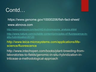 Contd…
https://www.genome.gov/10000206/fish-fact-sheet/
www.abnova.com
http://www.carolguze.com/text/442-4-chromosome_analysis.shtml
http://www.nature.com/scitable content/principles-of-fluorescence-in-
situ-hybridization35120
http://www.leica-microsystems.com/applications/life-
science/fluorescence
http://www.intechopen.com/books/plant-breeding-from-
laboratories-to-fields/genomic-in-situ-hybridization-in-
triticeae-a-methodological-approach
 