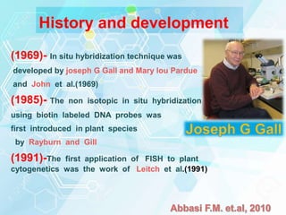 History and development
(1969)- In situ hybridization technique was
developed by joseph G Gall and Mary lou Pardue
and John et al.(1969)
(1985)- The non isotopic in situ hybridization
using biotin labeled DNA probes was
first introduced in plant species
by Rayburn and Gill
(1991)-The first application of FISH to plant
cytogenetics was the work of Leitch et al.(1991)
 