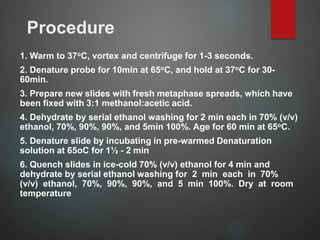 Procedure
1. Warm to 37oC, vortex and centrifuge for 1-3 seconds.
2. Denature probe for 10min at 65oC, and hold at 37oC for 30-
60min.
3. Prepare new slides with fresh metaphase spreads, which have
been fixed with 3:1 methanol:acetic acid.
4. Dehydrate by serial ethanol washing for 2 min each in 70% (v/v)
ethanol, 70%, 90%, 90%, and 5min 100%. Age for 60 min at 65oC.
5. Denature slide by incubating in pre-warmed Denaturation
solution at 65oC for 1½ - 2 min
6. Quench slides in ice-cold 70% (v/v) ethanol for 4 min and
dehydrate by serial ethanol washing for 2 min each in 70%
(v/v) ethanol, 70%, 90%, 90%, and 5 min 100%. Dry at room
temperature
 