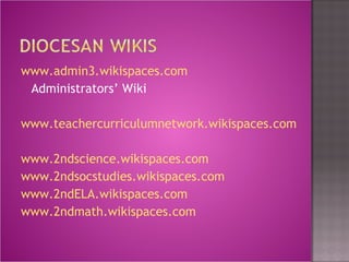 www.admin3.wikispaces.com Administrators’ Wiki www.teachercurriculumnetwork.wikispaces.com www.2ndscience.wikispaces.com www.2ndsocstudies.wikispaces.com www.2ndELA.wikispaces.com www.2ndmath.wikispaces.com 