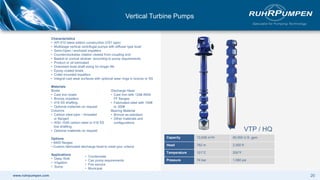 www.ruhrpumpen.com
Characteristics
• API 610 latest edition construction (VS1 type)
• Multistage vertical centrifugal pumps with diffuser type bowl
• Semi-Open / enclosed impellers
• Counterclockwise rotation viewed from coupling end
• Basket or conical strainer, according to pump requirements
• Product or oil lubricated
• Oversized bowl shaft sizing for longer life
• Epoxy coated bowls
• Collet mounted impellers
• Integral cast wear surfaces with optional wear rings in bronze or SS
Materials
Bowls
• Cast iron bowls
• Bronze impellers
• 416 SS shafting
• Optional materials on request
Columns
• Carbon steel pipe – threaded
or flanged
• AISI–1045 carbon steel or 416 SS
line shafting
• Optional materials on request
Options
• ANSI flanges
• Custom fabricated discharge head to meet your criteria
Applications
• Deep Well
• Irrigation
• Sump
VTP / HQ
Capacity 13,636 m3/h 60,000 U.S. gpm
Head 762 m 2,500 ft
Temperature 121°C 250°F
Pressure 74 bar 1,080 psi
20
Vertical Turbine Pumps
Discharge Head
• Cast Iron with 125# ANSI
FF flanges
• Fabricated steel with 150#
or 300#
Bearing Material
• Bronze as standard
• Other materials and
configurations
• Condensate
• Can pump requirements
• Fire service
• Municipal
 