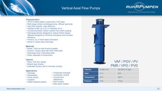 www.ruhrpumpen.com
Characteristics
• API 610 latest edition construction (VS3 type)
• Multi-stage vertical centrifugal pump, diffuser type bowl
• Axial flow impeller, high efficiency
• Handles solids up to 23 cm diameter (9 in)
• Counterclockwise rotation viewed from shaft coupling
• Discharge elbows designed to reduce friction losses,
diffusers designed to minimize turbulence and increase
efficiency
• Product, oil, or fresh water lubrication
• Above or below base discharge
Materials
• Bowls: Cast iron with bronze impeller
• Column: Carbon steel with AISI-1045 shaft
• Discharge head: Fabricated steel
• Other materials of construction
Options
• Rotor ‘Pull-Out’ design
• Basket type strainer
• Extended Suction bell to minimize vortices
Applications
• Drainage
• Wastewater
• Flood control
• Irrigation
• Waste treatment plants
• Underpass drainage
• Condenser cooling
• Construction
dewatering
• Ditch pumps
• Raw water intakes
VAF / POV / PV
PMR / VPO / PVD
Capacity 72,680 m3/h 320,000 U.S. gpm
Head 27 m 90 ft
Temperature 95°C 230°F
Pressure 5 bar 75 psi
22
Vertical Axial Flow Pumps
 