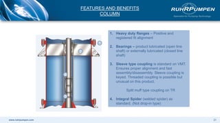 www.ruhrpumpen.com
1. Heavy duty flanges – Positive and
registered fit alignment
2. Bearings – product lubricated (open line
shaft) or externally lubricated (closed line
shaft)
3. Sleeve type coupling is standard on VMT.
Ensures proper alignment and fast
assembly/disassembly. Sleeve coupling is
keyed. Threaded coupling is possible but
unusual on this product.
Split muff type coupling on TR
4. Integral Spider (welded spider) as
standard. (Not drop-in type)
1
2
3
4
FEATURES AND BENEFITS
COLUMN
31
 