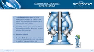 www.ruhrpumpen.com
1. Flanged bearings - One or more
bearings are located on the top case
hub to provide maximum support and
alignment to the impeller.
2. Impeller – Semi open, open or closed
according conditions of service, 3 plane
dynamically balanced
3. Secured impeller
4. Suction Bell - Less downtime, Bottom
bearing keeps shaft aligned. Self lubed
or greased for long service life
4
3
5
2
1
6
FEATURES AND BENEFITS
BOWL ASSEMBLY
36
 