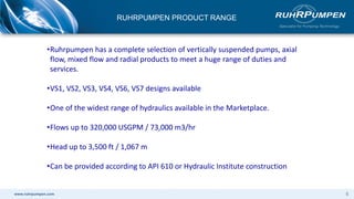 www.ruhrpumpen.com
•Ruhrpumpen has a complete selection of vertically suspended pumps, axial
flow, mixed flow and radial products to meet a huge range of duties and
services.
•VS1, VS2, VS3, VS4, VS6, VS7 designs available
•One of the widest range of hydraulics available in the Marketplace.
•Flows up to 320,000 USGPM / 73,000 m3/hr
•Head up to 3,500 ft / 1,067 m
•Can be provided according to API 610 or Hydraulic Institute construction
5
RUHRPUMPEN PRODUCT RANGE
 