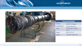 Technical Details
Pump 32KXH, 2 stages
Application Diluted Bitumen
Flow 12,703 gpm (2,895
m³/h)
Head 250 ft (76 m)
Motor 1,250 HP (932 kW)
50
 