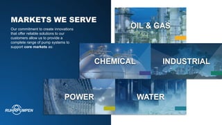 MARKETS WE SERVE
Our commitment to create innovations
that offer reliable solutions to our
customers allow us to provide a
complete range of pump systems to
support core markets as:
 