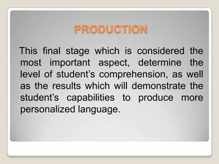 PRODUCTION
This final stage which is considered the
most important aspect, determine the
level of student’s comprehension, as well
as the results which will demonstrate the
student’s capabilities to produce more
personalized language.
 