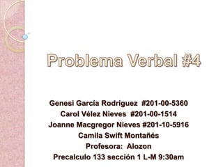 Genesi García Rodríguez #201-00-5360
   Carol Vélez Nieves #201-00-1514
Joanne Macgregor Nieves #201-10-5916
        Camila Swift Montañés
          Profesora: Alozon
 Precalculo 133 sección 1 L-M 9:30am
 