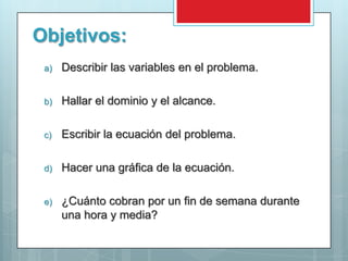 Objetivos:
 a)   Describir las variables en el problema.

 b)   Hallar el dominio y el alcance.

 c)   Escribir la ecuación del problema.

 d)   Hacer una gráfica de la ecuación.

 e)   ¿Cuánto cobran por un fin de semana durante
      una hora y media?
 