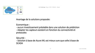 Avantage de la solutions proposée:
Economique :
- aucun investissement préalable dans une solution de prédiction
- Adapter les capteurs existent en fonction du connectivité et
protocoles
Sécurité :
- Solution à base de Azure ML est mieux sure que celle à base de
SCADA
IoT-Challenge May, 4 2017, ENSIAS – Rabat.
Larbi OUIYZME12
 