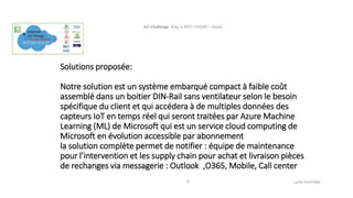 Solutions proposée:
Notre solution est un système embarqué compact à faible coût
assemblé dans un boitier DIN-Rail sans ventilateur selon le besoin
spécifique du client et qui accédera à de multiples données des
capteurs IoT en temps réel qui seront traitées par Azure Machine
Learning (ML) de Microsoft qui est un service cloud computing de
Microsoft en évolution accessible par abonnement
la solution complète permet de notifier : équipe de maintenance
pour l’intervention et les supply chain pour achat et livraison pièces
de rechanges via messagerie : Outlook ,O365, Mobile, Call center
IoT-Challenge May, 4 2017, ENSIAS – Rabat.
Larbi OUIYZME8
 
