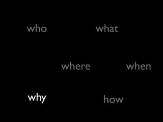 who what
where when
why how