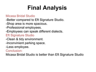 Final Analysis
Micasa Bridal Studio
-Better compared to Eft Signature Studio.
-Shop area is more spacious.
-Professional employees.
-Employees can speak different dialects.
Eft Signature Studio
-Clean & tidy environment.
-Inconvinient parking space.
-Less employee.
Conclusion:
Micasa Bridal Studio is better than Eft Signature Studio
 