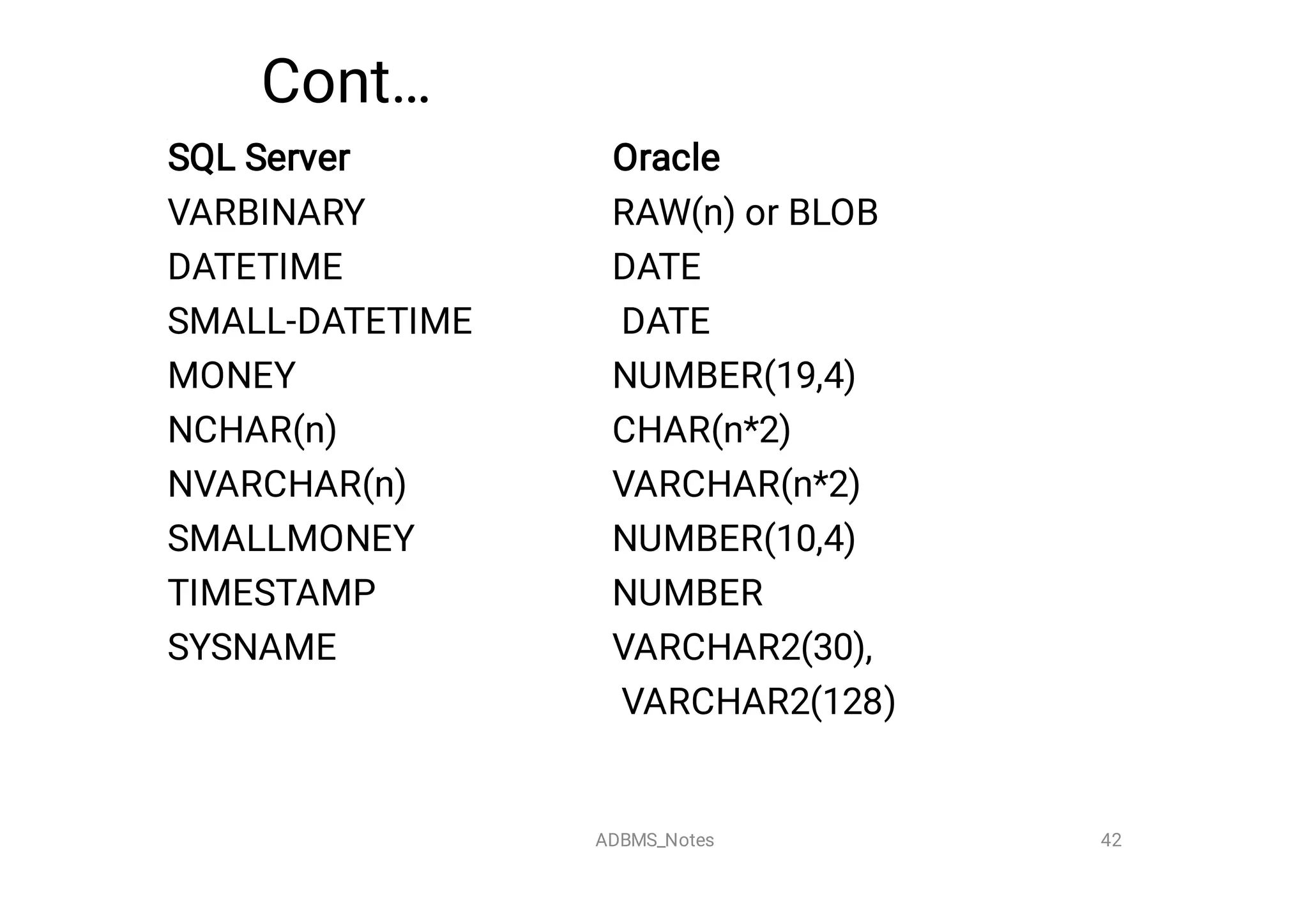 Cont…
SQL Server Oracle
VARBINARY RAW(n) or BLOB
DATETIME DATE
SMALL-DATETIME DATE
MONEY NUMBER(19,4)
NCHAR(n) CHAR(n*2)
NVARCHAR(n) VARCHAR(n*2)
SMALLMONEY NUMBER(10,4)
TIMESTAMP NUMBER
SYSNAME VARCHAR2(30),
VARCHAR2(128)
42
ADBMS_Notes
 