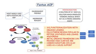 Fenton AOP
MOST WIDELY USED
AOP IS FENTON LIKE
AOP
ENVIRONMENT
FRIENDLY
INEXPANSIVE
REAGENT
FENTON REACTION
A SOLUTION OF Fe2+
AND H2O2
SOLUTION WHICH PRODUCES
HYDROXYL RADICAL WHICH
ACT AS A STRONG OXIDIZING
AGENT.
FENTO
N
HOMOGENOUS
CLASSICAL
FENTON
FENTON Fe-
COMPLEX BASED
HETEROGENOUS
o SiO2 FUNCTIONALIZATION WITH
ORGANIC LINKERS
o POLYSTYRENE RESINS POPULAR IN
PEPTIDE SYNTHESIS AND LIGAND
ANCHORING
o METAL-ORGANIC FRAMEWORK CAN
PROVIDE HIGH SURFACE ARE
o CARBON NANOTUBE CAN ALSO
USED AS A SOLID SUPPORT
 