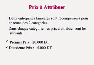 Prix à Attribuer
Prix à Attribuer
Deux entreprises lauréates sont récompensées pour
Deux entreprises lauréates sont récompensées pour
chacune des 2 catégories.
chacune des 2 catégories.
Dans chaque catégorie, les prix à attribuer sont les
Dans chaque catégorie, les prix à attribuer sont les
suivants :
suivants :
 Premier Prix : 20.000 DT
Premier Prix : 20.000 DT
 Deuxième Prix : 15.000 DT
Deuxième Prix : 15.000 DT
8
 
