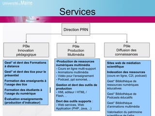 Services
                                      Direction PRN



            Pôle                            Pôle                              Pôle
         Innovation                      Production                      Diffusion des
        pédagogique                      Multimédia                     connaissances

Gest° et devt des Formations     •Production de ressources
                                                                  Sites web de médiation
à distance                       numériques multimédia
                                                                  scientifique
                                 - Cours en ligne multi-support
Gest° et devt des tice pour le   - Animations mutlimédia          Indexation des ressources
présentiel                       - Vidéo pour l’enseignement      (cours en ligne, C2I, podcast)
Formation des enseignants à      - Podcast, ppt sonorisé, ..
                                                                  Gest° Bibliothèque de
l’usage des tice                 Gestion et devt des outils de    ressources numériques
                                 production                       éducatives
Formation des étudiants à
l’usage du numérique             - XML editeur / HTML /
                                                                  Gest° Bibliothèque de
                                 Flash, ..
                                                                  Podcasts éducatifs
Évaluation enseignements
(production d’indicateur)        Devt des outils supports :
                                                                  Gest° Bibliothèque
                                 - Web services, Web
                                                                  d’animations multimédia
                                 Application (PHP, Java, ..)
                                                                  Valorisation du patrimoine
 