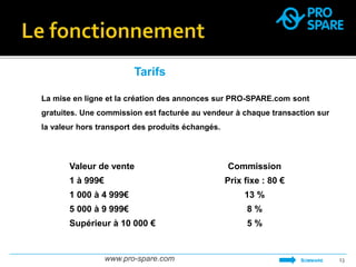 Tarifs 
La mise en ligne et la création des annonces sur PRO-SPARE.com sont 
gratuites. Une commission est facturée au vendeur à chaque transaction sur 
la valeur hors transport des produits échangés. 
Valeur de vente Commission 
1 à 999€ Prix fixe : 80 € 
1 000 à 4 999€ 13 % 
5 000 à 9 999€ 8 % 
Supérieur à 10 000 € 5 % 
www.pro-spare.com 13 
SOMMAIRE 
 