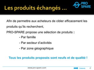 Afin de permettre aux acheteurs de cibler efficacement les 
produits qu’ils recherchent, 
PRO-SPARE propose une sélection de produits : 
- Par famille 
- Par secteur d’activités 
- Par zone géographique 
Tous les produits proposés sont neufs et de qualité ! 
www.pro-spare.com 18 
SOMMAIRE 
 