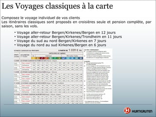 Les Voyages classiques à la carte
Composez le voyage individuel de vos clients
Les itinéraires classiques sont proposés en croisières seule et pension complète, par
saison, sans les vols.
       •   Voyage   aller-retour Bergen/Kirkenes/Bergen en 12 jours
       •   Voyage   aller-retour Bergen/Kirkenes/Trondheim en 11 jours
       •   Voyage   du sud au nord Bergen/Kirkenes en 7 jours
       •   Voyage   du nord au sud Kirkenes/Bergen en 6 jours
 