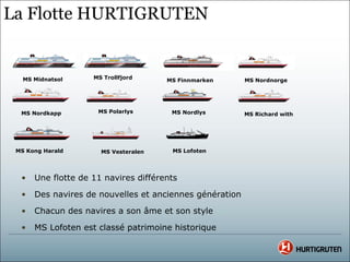 La Flotte HURTIGRUTEN


   MS Midnatsol     MS Trollfjord
                                      MS Finnmarken      MS Nordnorge




  MS Nordkapp        MS Polarlys       MS Nordlys        MS Richard with




 MS Kong Harald       MS Vesteralen    MS Lofoten




  •   Une flotte de 11 navires différents

  •   Des navires de nouvelles et anciennes génération

  •   Chacun des navires a son âme et son style

  •   MS Lofoten est classé patrimoine historique
 
