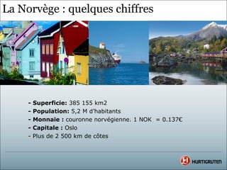 La Norvège : quelques chiffres




     -   Superficie: 385 155 km2
     -   Population: 5,2 M d’habitants
     -   Monnaie : couronne norvégienne. 1 NOK = 0.137€
     -   Capitale : Oslo
     -   Plus de 2 500 km de côtes
 