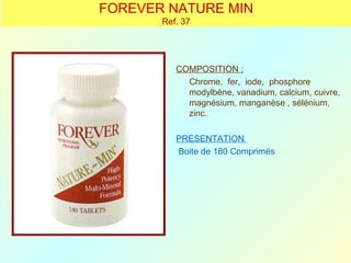 FOREVER NATURE MIN
       Ref. 37




          COMPOSITION :
            Chrome, fer, iode, phosphore
            modylbène, vanadium, calcium, cuivre,
            magnésium, manganèse , sélénium,
            zinc.

          PRESENTATION
          Boite de 180 Comprimés
 