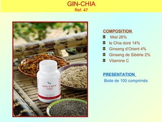 GIN-CHIA
  Ref. 47




            COMPOSITION
               Miel 26%
              le Chia doré 14%
              Ginseng d’Orient 4%
              Ginseng de Sibérie 2%
              Vitamine C


            PRESENTATION
            Boite de 100 comprimés
 