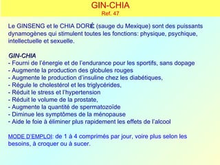 GIN-CHIA
                                   Ref. 47

Le GINSENG et le CHIA DORé (sauge du Mexique) sont des puissants
dynamogènes qui stimulent toutes les fonctions: physique, psychique,
intellectuelle et sexuelle.

GIN-CHIA
- Fourni de l’énergie et de l’endurance pour les sportifs, sans dopage
- Augmente la production des globules rouges
- Augmente le production d’insuline chez les diabétiques,
- Régule le cholestérol et les triglycérides,
- Réduit le stress et l’hypertension
- Réduit le volume de la prostate,
- Augmente la quantité de spermatozoïde
- Diminue les symptômes de la ménopause
- Aide le foie à éliminer plus rapidement les effets de l’alcool

MODE D’EMPLOI: de 1 à 4 comprimés par jour, voire plus selon les
besoins, à croquer ou à sucer.
 