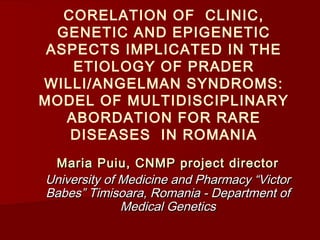 CORELATION OF CLINIC,
GENETIC AND EPIGENETIC
ASPECTS IMPLICATED IN THE
ETIOLOGY OF PRADER
WILLI/ANGELMAN SYNDROMS:
MODEL OF MULTIDISCIPLINARY
ABORDATION FOR RARE
DISEASES IN ROMANIA
Maria Puiu, CNMP project directorMaria Puiu, CNMP project director
University of Medicine and Pharmacy “VictorUniversity of Medicine and Pharmacy “Victor
Babes” Timisoara, Romania - Department ofBabes” Timisoara, Romania - Department of
Medical GeneticsMedical Genetics
 