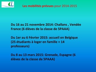 Les mobilités prévues pour 2014-2015 
Du 16 au 21 novembre 2014: Challans , Vendée 
France (6 élèves de la classe de 5PAAA) 
Du 1er au 6 Février 2015: accueil en Belgique 
(25 étudiants à loger en famille + 14 
professeurs) 
Du 8 au 13 mars 2015: Grenade, Espagne (6 
élèves de la classe de 5PAAA) 
 