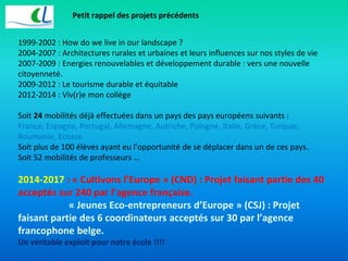 Petit rappel des projets précédents 
1999-2002 : How do we live in our landscape ? 
2004-2007 : Architectures rurales et urbaines et leurs influences sur nos styles de vie 
2007-2009 : Energies renouvelables et développement durable : vers une nouvelle 
citoyenneté. 
2009-2012 : Le tourisme durable et équitable 
2012-2014 : Viv(r)e mon collège 
Soit 24 mobilités déjà effectuées dans un pays des pays européens suivants : 
France, Espagne, Portugal, Allemagne, Autriche, Pologne, Italie, Grèce, Turquie, 
Roumanie, Ecosse 
Soit plus de 100 élèves ayant eu l’opportunité de se déplacer dans un de ces pays. 
Soit 52 mobilités de professeurs … 
2014-2017 : « Cultivons l’Europe » (CND) : Projet faisant partie des 40 
acceptés sur 240 par l’agence française. 
« Jeunes Eco-entrepreneurs d’Europe » (CSJ) : Projet 
faisant partie des 6 coordinateurs acceptés sur 30 par l’agence 
francophone belge. 
Un véritable exploit pour notre école !!!! 
 