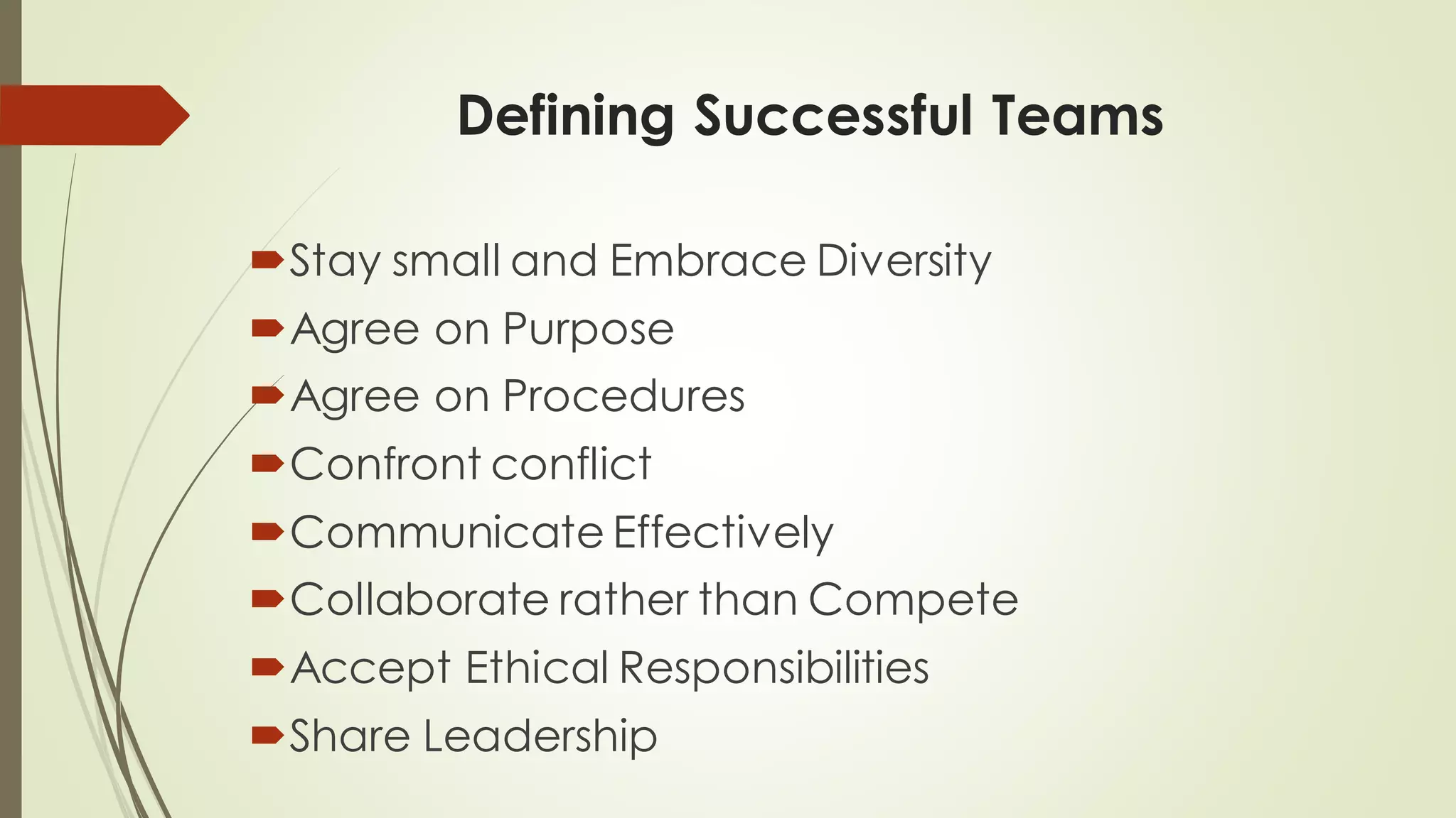 Defining Successful Teams
Stay small and Embrace Diversity
Agree on Purpose
Agree on Procedures
Confront conflict
Communicate Effectively
Collaborate rather than Compete
Accept Ethical Responsibilities
Share Leadership
 