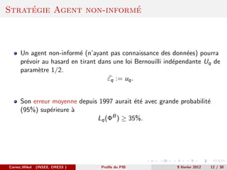 ´                    ´
Strategie Agent non-informe



      Un agent non-inform´ (n’ayant pas connaissance des donn´es) pourra
                           e                                     e
      pr´voir au hasard en tirant dans une loi Bernouilli ind´pendante Uq de
        e                                                    e
      param`tre 1/2.
            e
                                     εq := uq .


      Son erreur moyenne depuis 1997 aurait ´t´ avec grande probabilit´
                                            ee                        e
      (95%) sup´rieure `
                e      a
                               Lq (ΦB ) ≥ 35%.




Cornec,Mikol   (INSEE, DRESS )    Proﬁls du PIB             9 f´vrier 2012
                                                               e             12 / 30
 