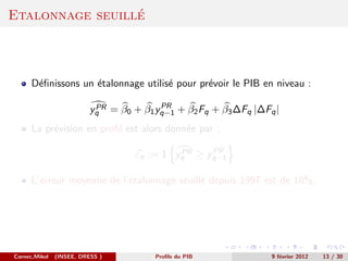 ´
Etalonnage seuille



      D´ﬁnissons un ´talonnage utilis´ pour pr´voir le PIB en niveau :
       e            e                e        e

                           PR           PR
                          yq = β0 + β1 yq−1 + β2 Fq + β3 ∆Fq |∆Fq |
      La pr´vision en proﬁl est alors donn´e par :
           e                              e

                                            PR   PR
                                   εq := 1 yq ≥ yq−1

      L’erreur moyenne de l’´talonnage seuill´ depuis 1997 est de 18%.
                            e                e




Cornec,Mikol   (INSEE, DRESS )          Proﬁls du PIB            9 f´vrier 2012
                                                                    e             13 / 30
 