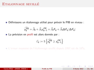 ´
Etalonnage seuille



      D´ﬁnissons un ´talonnage utilis´ pour pr´voir le PIB en niveau :
       e            e                e        e

                           PR           PR
                          yq = β0 + β1 yq−1 + β2 Fq + β3 ∆Fq |∆Fq |
      La pr´vision en proﬁl est alors donn´e par :
           e                              e

                                            PR   PR
                                   εq := 1 yq ≥ yq−1

      L’erreur moyenne de l’´talonnage seuill´ depuis 1997 est de 18%.
                            e                e




Cornec,Mikol   (INSEE, DRESS )          Proﬁls du PIB            9 f´vrier 2012
                                                                    e             13 / 30
 