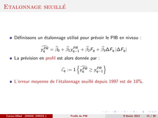´
Etalonnage seuille



      D´ﬁnissons un ´talonnage utilis´ pour pr´voir le PIB en niveau :
       e            e                e        e

                           PR           PR
                          yq = β0 + β1 yq−1 + β2 Fq + β3 ∆Fq |∆Fq |
      La pr´vision en proﬁl est alors donn´e par :
           e                              e

                                            PR   PR
                                   εq := 1 yq ≥ yq−1

      L’erreur moyenne de l’´talonnage seuill´ depuis 1997 est de 18%.
                            e                e




Cornec,Mikol   (INSEE, DRESS )          Proﬁls du PIB            9 f´vrier 2012
                                                                    e             13 / 30
 