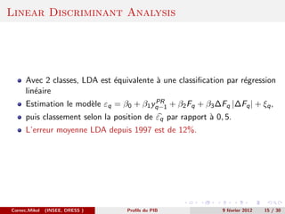Linear Discriminant Analysis




      Avec 2 classes, LDA est ´quivalente ` une classiﬁcation par r´gression
                              e           a                        e
      lin´aire
         e
                                         PR
      Estimation le mod`le εq = β0 + β1 yq−1 + β2 Fq + β3 ∆Fq |∆Fq | + ξq ,
                       e
      puis classement selon la position de εq par rapport ` 0, 5.
                                                          a
      L’erreur moyenne LDA depuis 1997 est de 12%.




Cornec,Mikol   (INSEE, DRESS )     Proﬁls du PIB              9 f´vrier 2012
                                                                 e             15 / 30
 