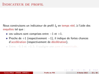 Indicateur de profil




Nous construisons un indicateur de proﬁl Iq en temps r´el, ` l’aide des
                                                      e a
enquˆtes tel que :
    e
      ces valeurs sont comprises entre −1 et +1.
      Proche de +1 (respectivement −1), il indique de fortes chances
      d’acc´l´ration (respectivement de d´c´l´ration).
           ee                            e ee
      Entre −0, 5 et +0, 5, il souligne une zone d’incertitude.




Cornec,Mikol   (INSEE, DRESS )     Proﬁls du PIB              9 f´vrier 2012
                                                                 e             22 / 30
 
