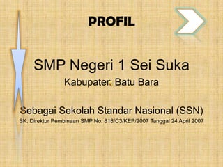 PROFIL

SMP Negeri 1 Sei Suka
Kabupaten Batu Bara
Sebagai Sekolah Standar Nasional (SSN)
SK. Direktur Pembinaan SMP No. 818/C3/KEP/2007 Tanggal 24 April 2007

 
