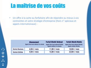 La maîtrise de vos coûts
•   Un offre à la carte ou forfaitaire afin de répondre au mieux à vos
    contraintes et votre stratégie d’entreprise (hors n° spéciaux et
    appels internationaux) :
 